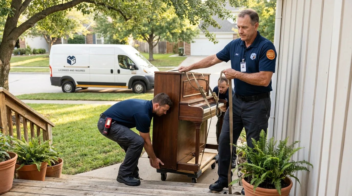 Licensed piano movers securing grand piano in West Palm Beach, FL