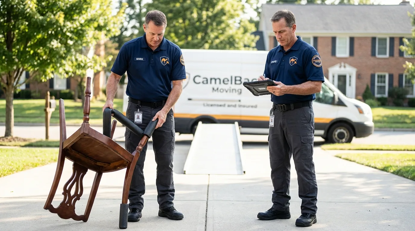 Movers inspecting furniture for damage prevention before loading in West Palm Beach, FL
