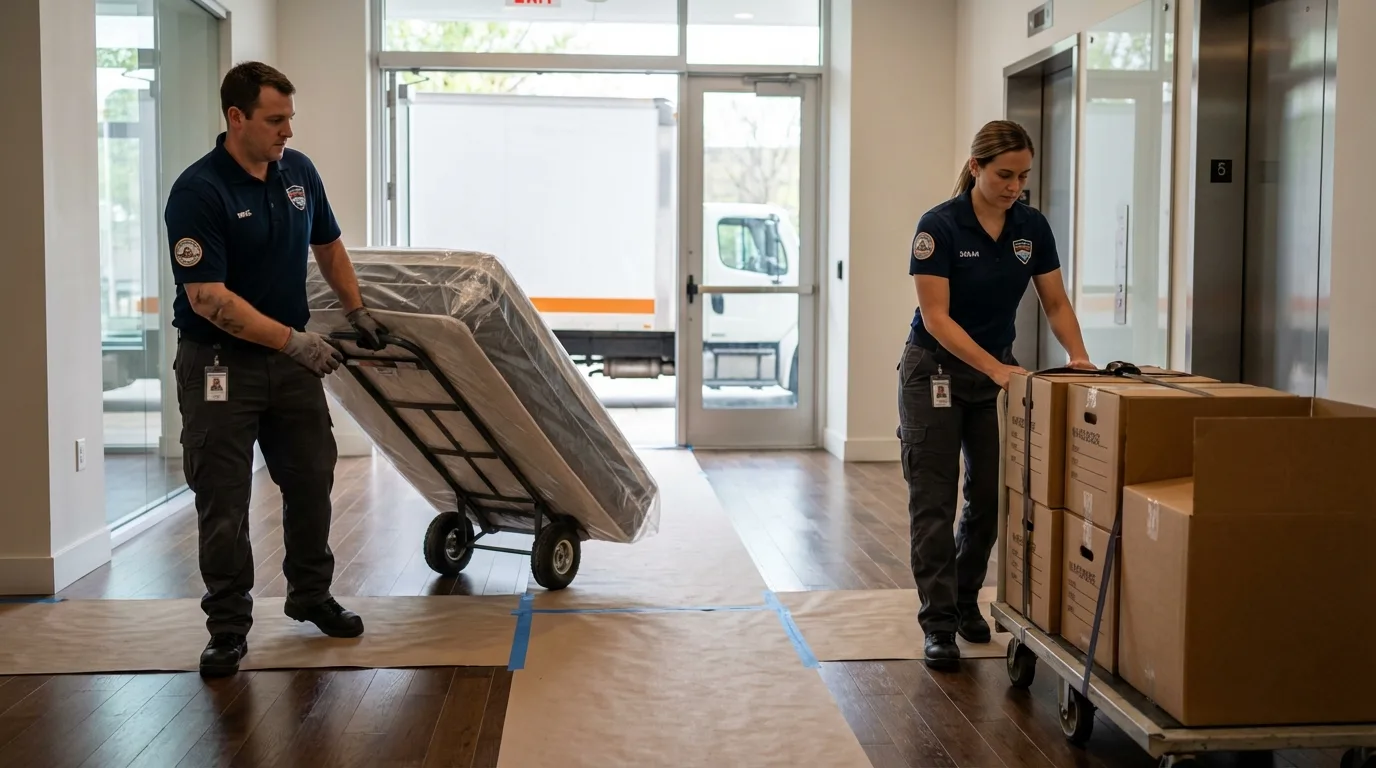 Professional apartment movers loading elevator in West Palm Beach, FL