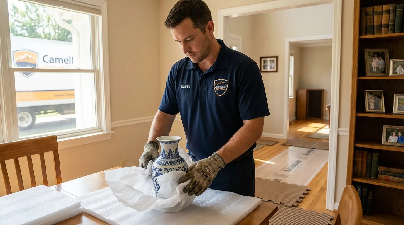 Professional crew carefully wrapping antique vase for senior downsizing move in West Palm Beach, FL